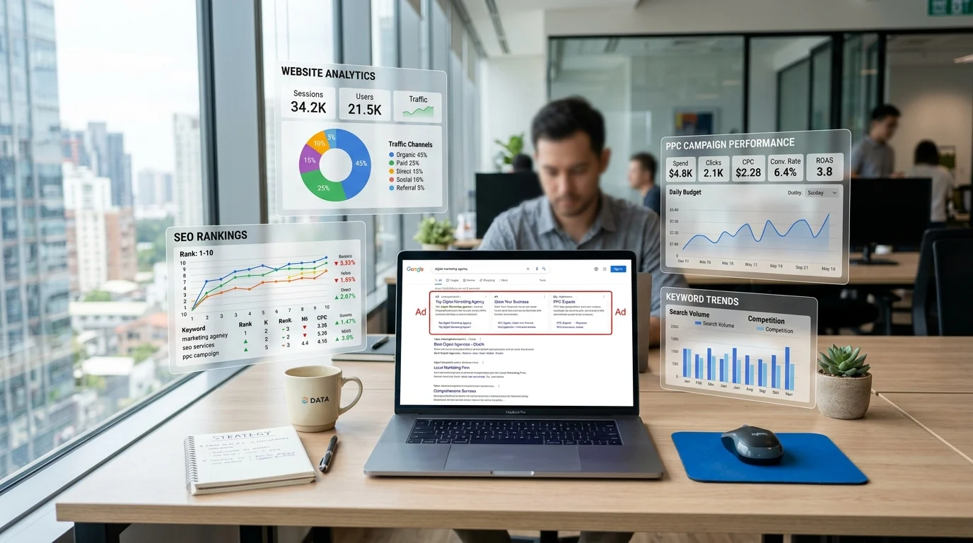 A highly realistic modern digital marketing workspace showing a laptop displaying Google search results with both paid ads at the top and organic search listings below. Floating analytics dashboards, keyword graphs, SEO ranking charts, and PPC campaign metrics surround the screen. Professional office environment, clean desk, coffee cup, natural daylight through large windows, blue and white corporate color palette, photorealistic, DSLR photography, ultra-detailed, 8K resolution, no text, no logos, no watermark.